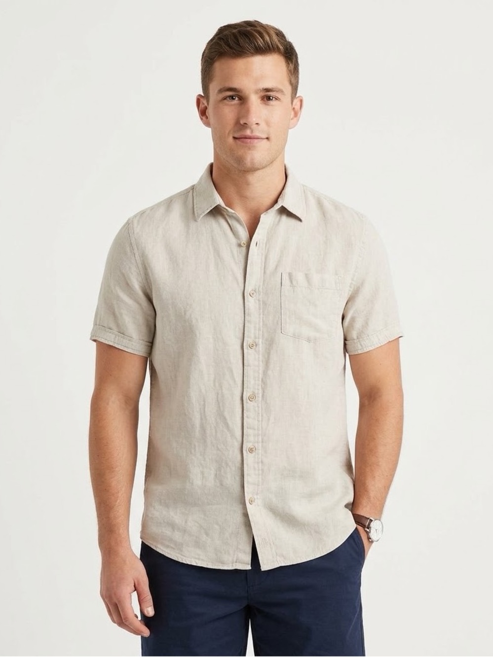 Johnston & Murphy Linen Blend Men Medium Short-Sleeve Button-Up Shirt Beige